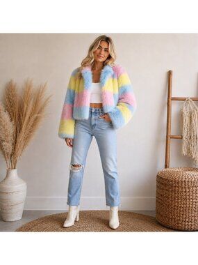 Mademe Check Print Pastel Colourful Short Faux Fur Jacket M